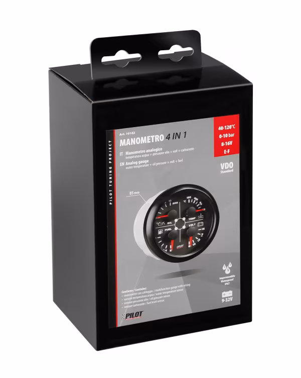 Pilot Black Analogue Gauge Series, Manometro 4 in 1 - Ø 3 3/8” (85 mm)