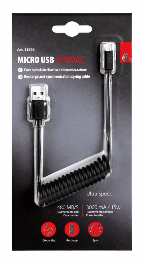 Lampa Cavo a spirale Usb > Micro Usb - 100 cm - Nero
