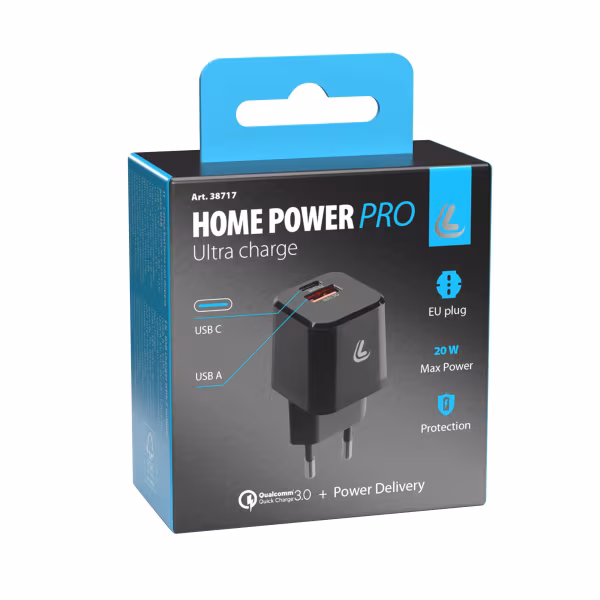 Lampa Home Power Pro, caricabatteria da rete con 2 porte USB - PD / QC 3.0 - 20W - 100/230V