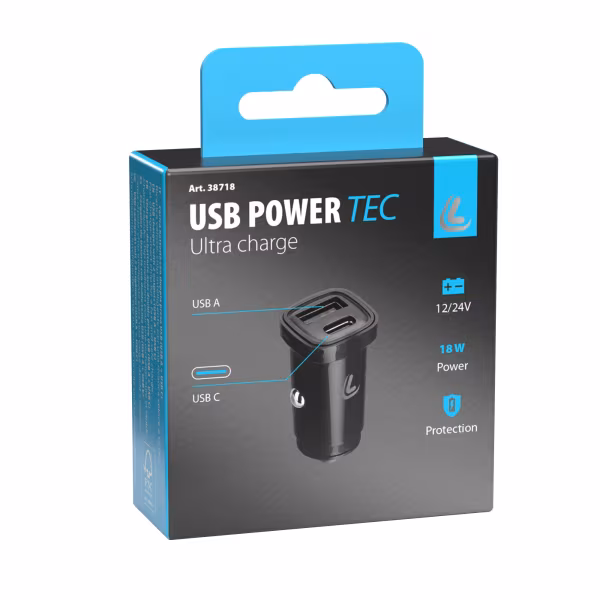 Lampa Usb Power Tec, caricabatteria 2 porte Usb - PD / QC 3.0 - 18W - 12/24V