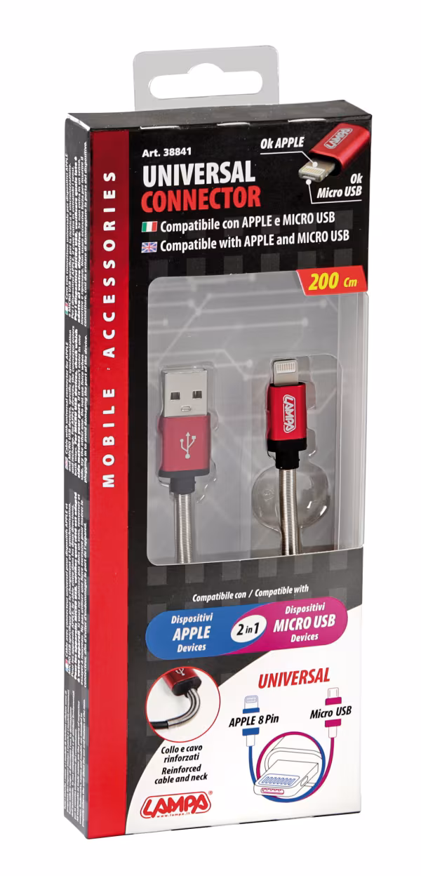 Lampa Cavo Universal, Usb > Apple 8 pin / Micro Usb - 200 cm - Nero