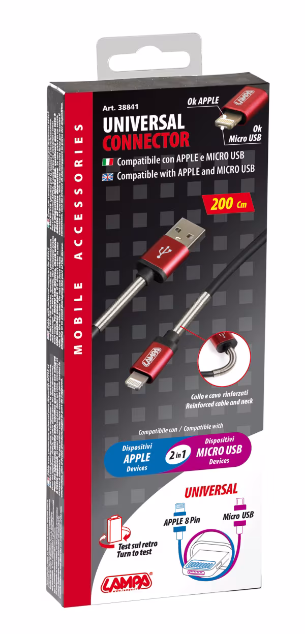 Lampa Cavo Universal, Usb > Apple 8 pin / Micro Usb - 200 cm - Nero