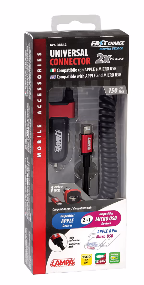 Lampa Caricabatteria Universal (Apple 8 pin / Micro Usb) con 1 porta Usb - Fast Charge - 2500 mA - 12/24V