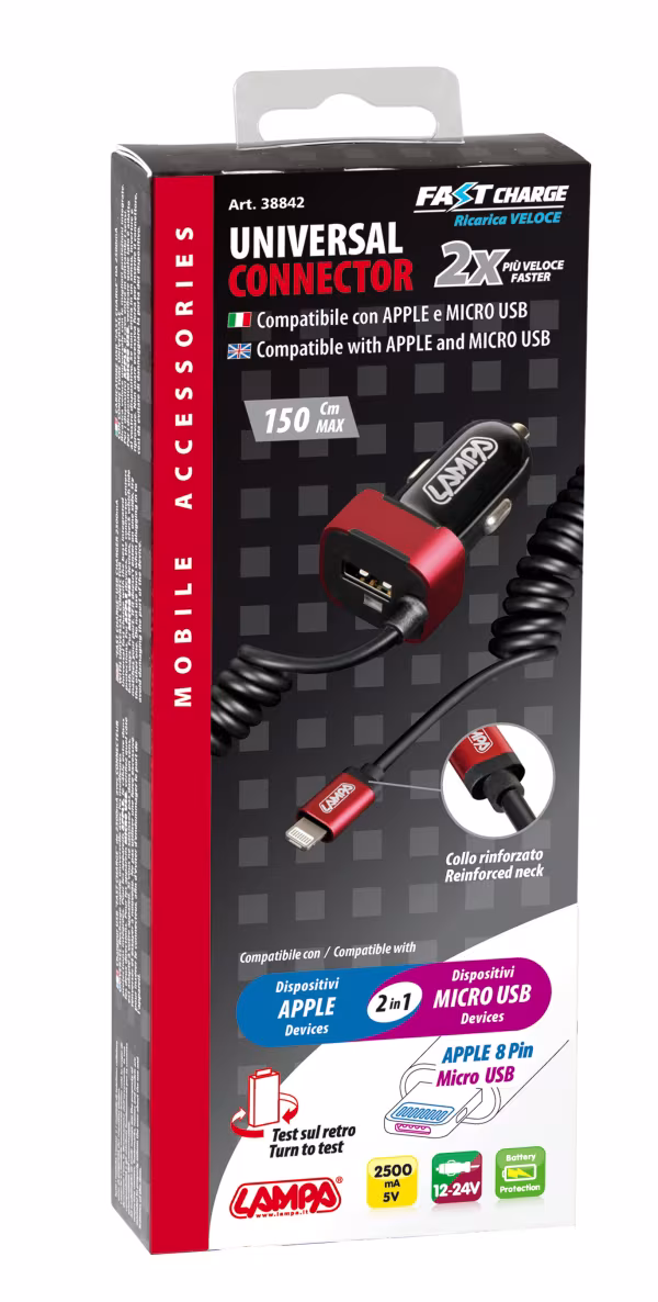 Lampa Caricabatteria Universal (Apple 8 pin / Micro Usb) con 1 porta Usb - Fast Charge - 2500 mA - 12/24V