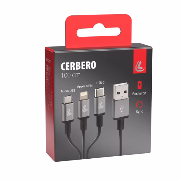 Lampa Cerbero, cavo ricarica con 3 connettori - 100 cm - Nero