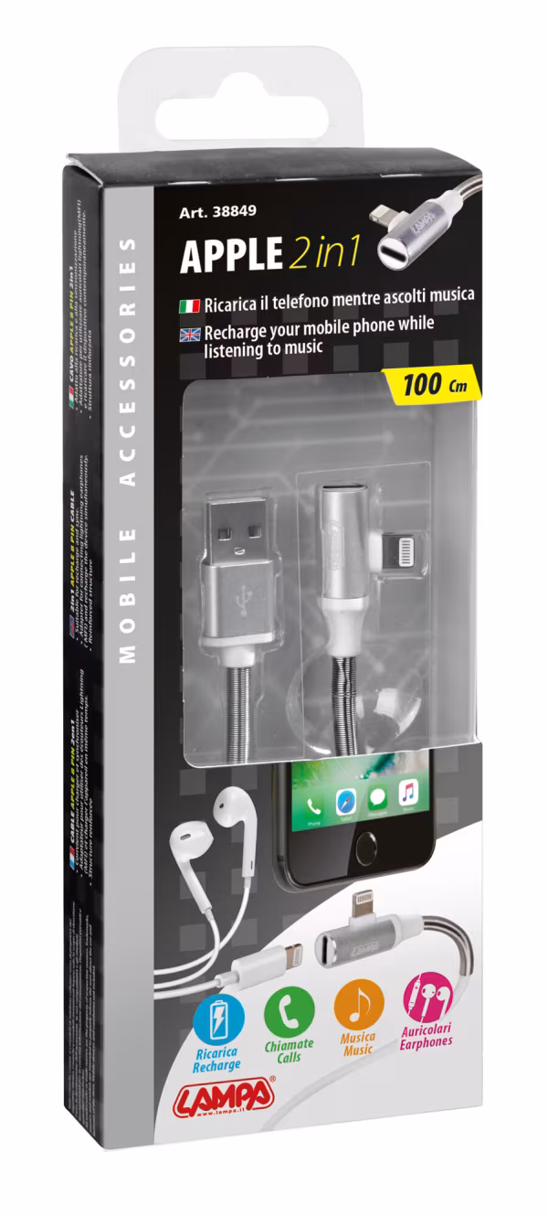 Lampa Cavo 90° Usb > Apple 8 Pin + adattatore auricolari - 100 cm - Bianco