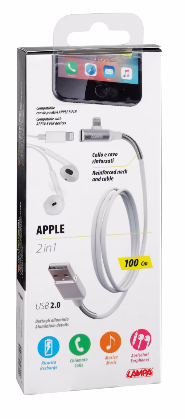 Lampa Cavo 90° Usb > Apple 8 Pin + adattatore auricolari - 100 cm - Bianco