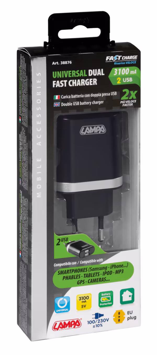 Lampa Caricabatteria da rete con 2 porte Usb - Fast Charge - 3100 mA - 100/230V