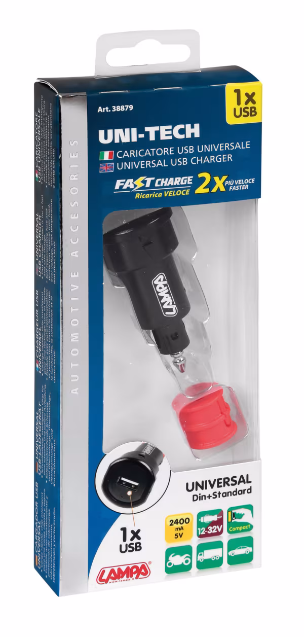 Lampa Uni-Tech, caricabatteria universale 1 porta Usb - Fast Charge - 2400 mA - 12/32V