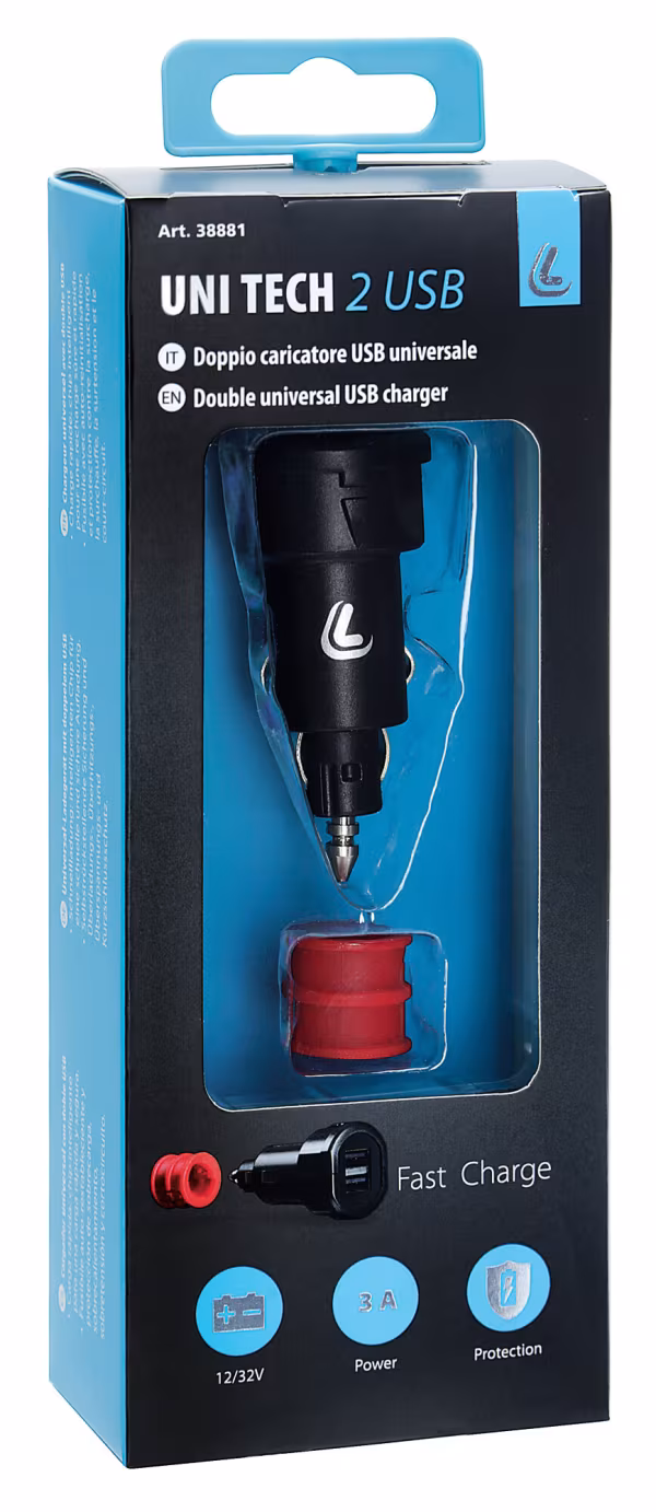 Lampa Uni-Tech, caricabatteria universale 2 porte Usb - Fast Charge - 2700 mA  - 12/32V