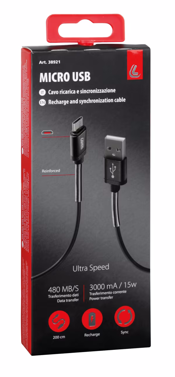 Lampa Cavo Usb > Micro Usb - 200 cm - Nero
