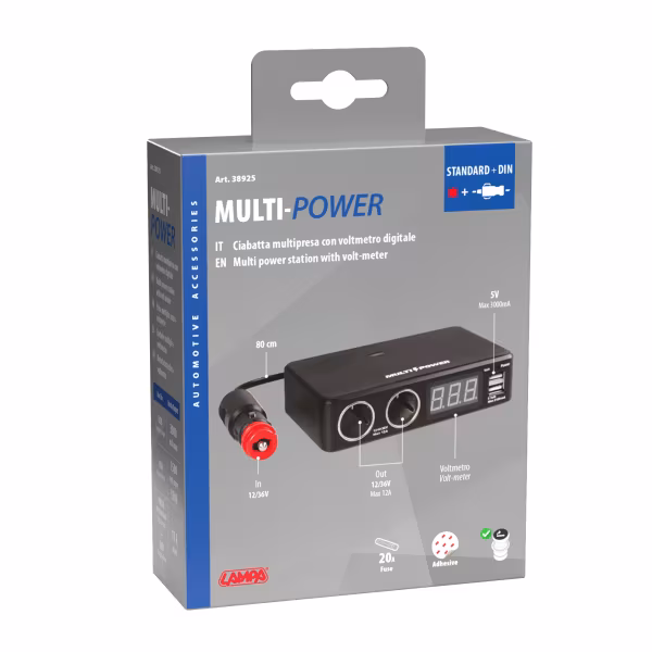 Lampa Multi-Power, 2 prese accendisigari + 2 USB e voltmetro, 12/24/36V