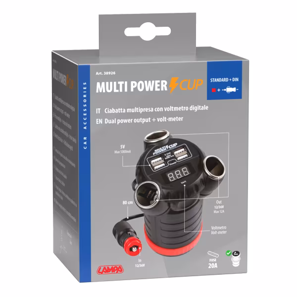 Lampa Multi-Power Cup, 3 prese accendisigari + 4 USB e voltmetro, 12/24/36V
