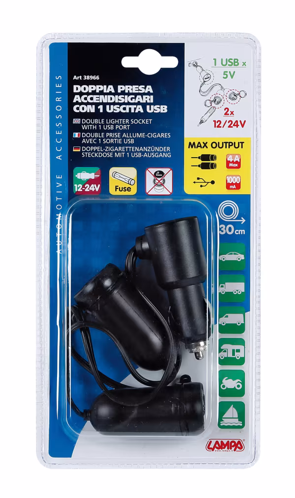 Lampa Presa corrente doppia con USB - 12/24V