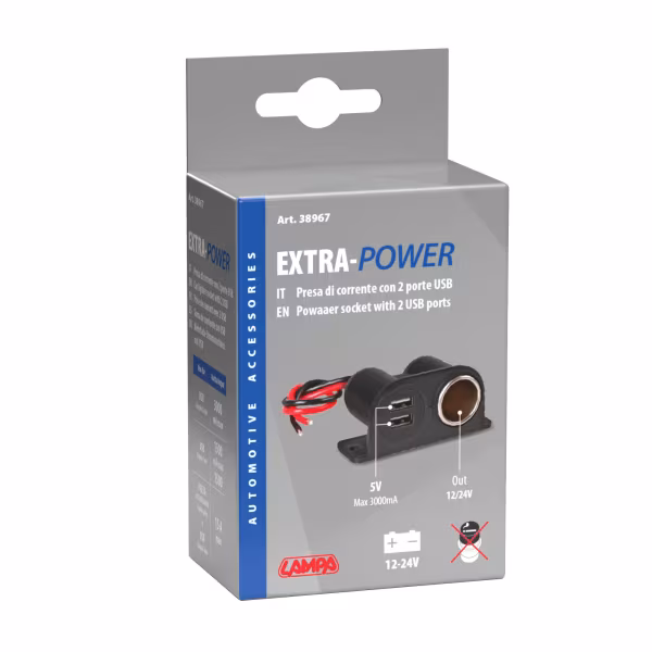 Lampa Extra-Power, presa corrente con doppia USB, 12/24V