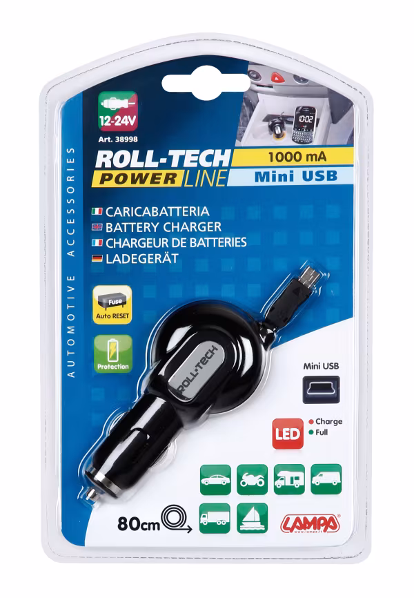 Lampa Roll-Tech, caricabatteria Mini Usb - 1000 mA - 12/24V