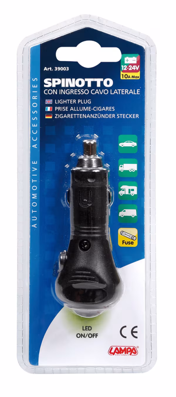 Lampa Spinotto per presa accendisigari con ingresso cavo laterale, 12/24V