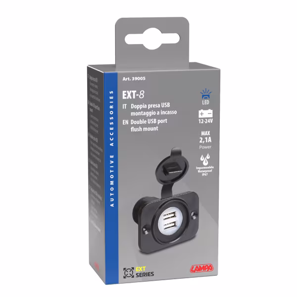 Lampa Ext-8, doppia presa Usb, montaggio ad incasso, 12/24V