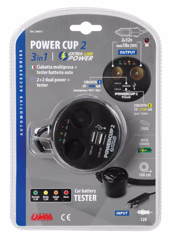 Lampa Power cup 2, multipresa con Usb e tester batteria, 12V