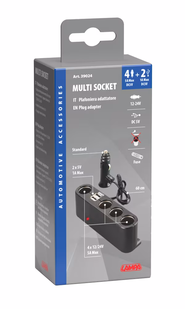 Lampa Multi-Socket 4+2, presa corrente quadrupla con USB - 12/24V