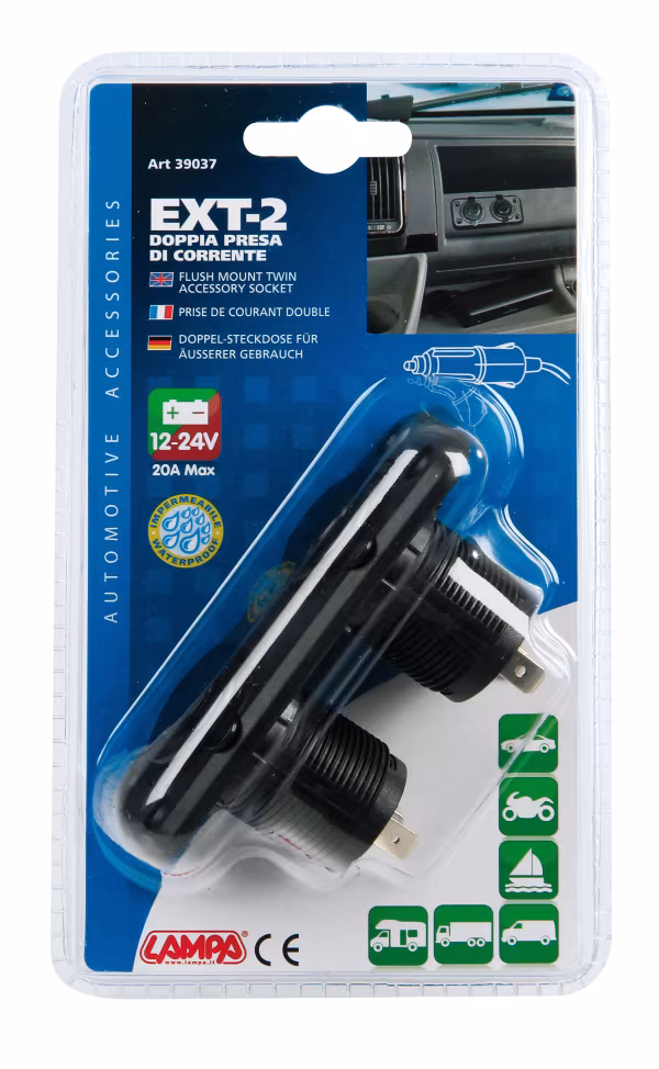 Lampa Ext-2, doppia presa corrente, montaggio ad incasso, 12/24V