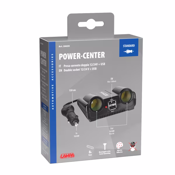 Lampa Power Center, presa corrente doppia con USB, 12/24V