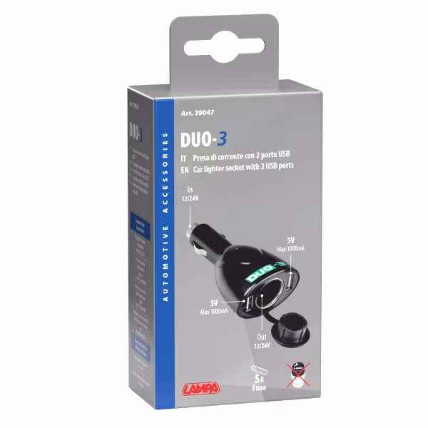 Lampa Duo-3, presa corrente con USB, 12/24V