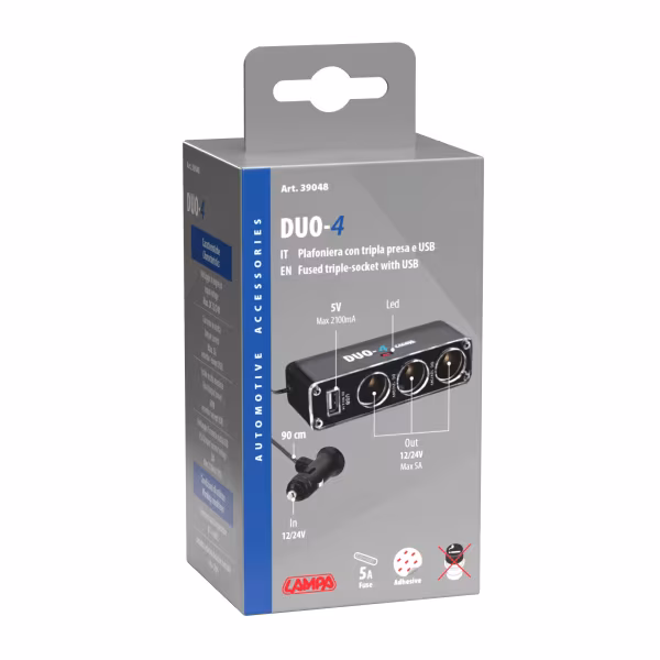 Lampa Dual-Power, presa corrente tripla con USB, 12/24V