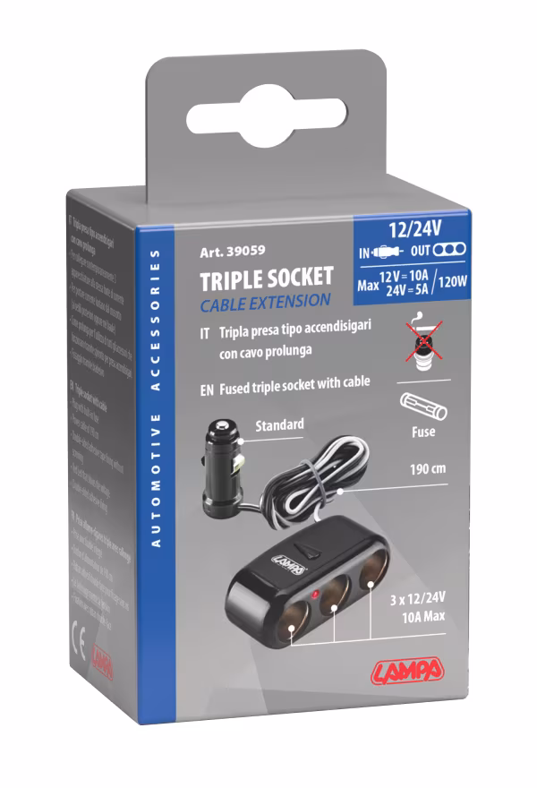 Lampa Presa corrente tripla con prolunga 12/24V
