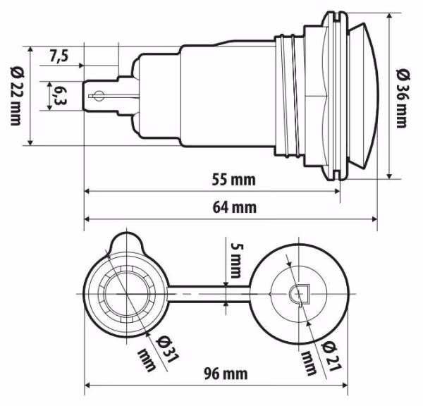 Lampa Presa corrente standard, montaggio ad incasso, 12/24V