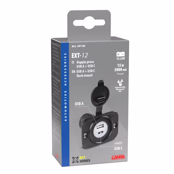 Lampa Ext-12, doppia presa Usb A + Usb C, montaggio ad incasso, 12/24V
