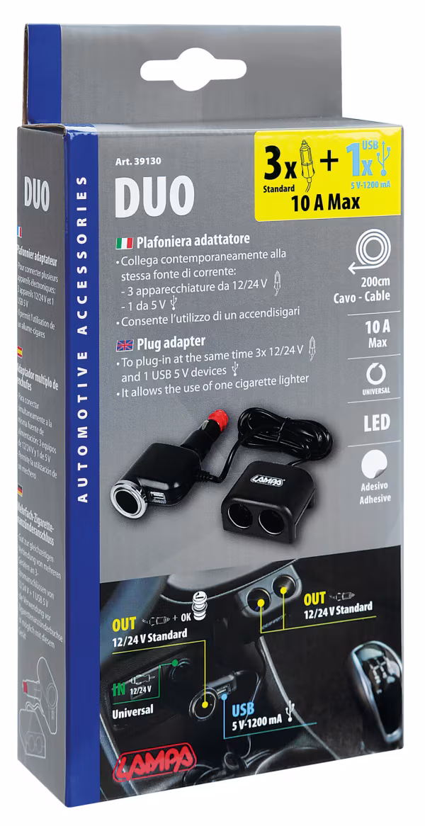 Lampa Duo 3+1, presa accendisigari multipla con USB, 12/24V