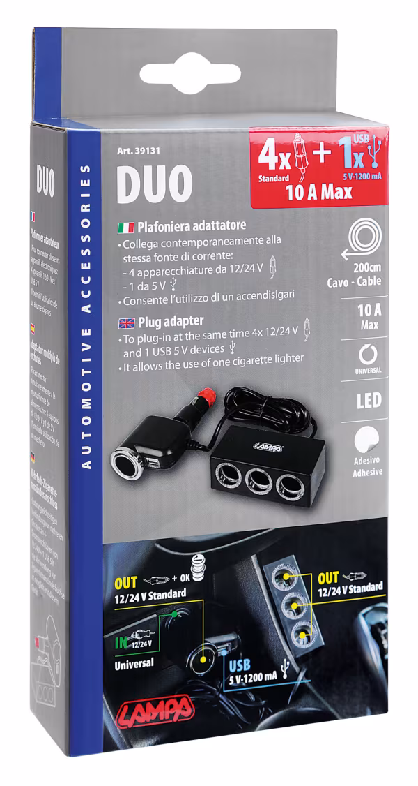 Lampa Duo 4+1, presa accendisigari multipla con USB, 12/24V