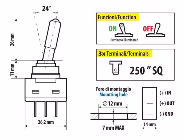 Lampa Interruttore a leva tipo Racing, in alluminio con spia a Led -  12/24V
