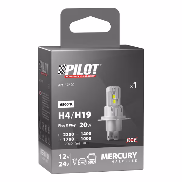 Pilot 12/24V Halo Led Mercury Series, kit conversione a Led - (H4-H19) - 20W - P43t / PU43t-3 - 1 pz  - Scatola