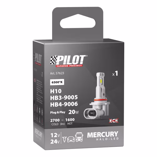 Pilot 12/24V Halo Led Mercury Series, kit conversione a Led - (H10-HB3-HB4) - 20W - PY20d / P20d / P22d - 1 pz  - Scatola