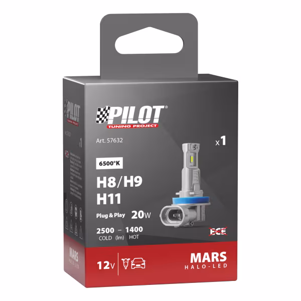 Pilot 12V Halo Led Mars Series, kit conversione a Led - (H8-H9-H11) - 20W - PGJ19-X - 1 pz  - Scatola
