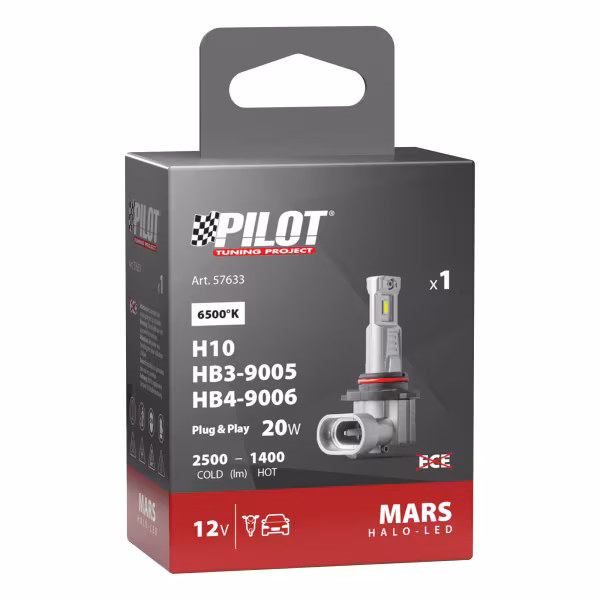 Pilot 12V Halo Led Mars Series, kit conversione a Led - (H10-HB3-HB4) - 20W - PY20d / P20d / P22d - 1 pz  - Scatola
