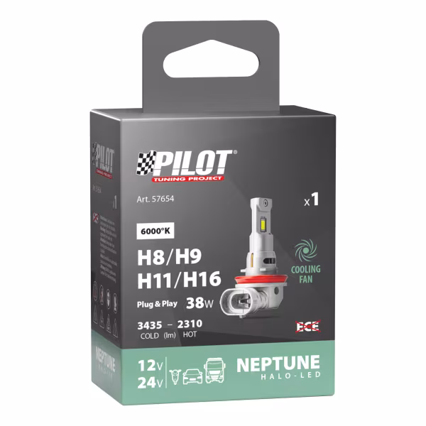 Pilot 12/24V Halo Led Neptune Series, kit conversione a Led - (H8-H9-H11-H16) - 38W - PGJ19-X - 1 pz  - Scatola