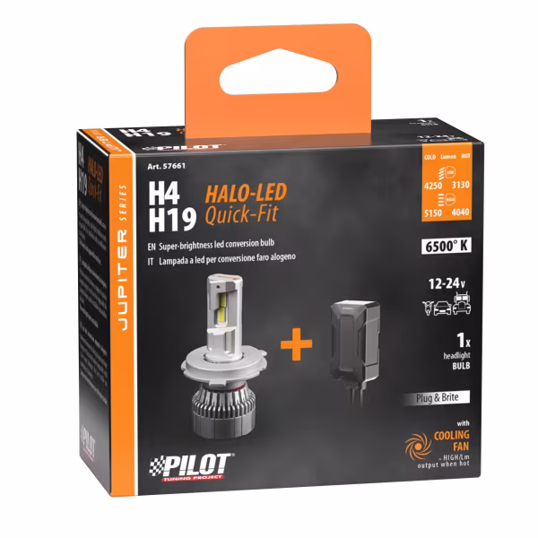 Pilot 12/24V Halo Led Jupiter Series Quick-Fit - (H4-H19) - 55W - P43t / PU43t-3 - 1 pz  - Scatola