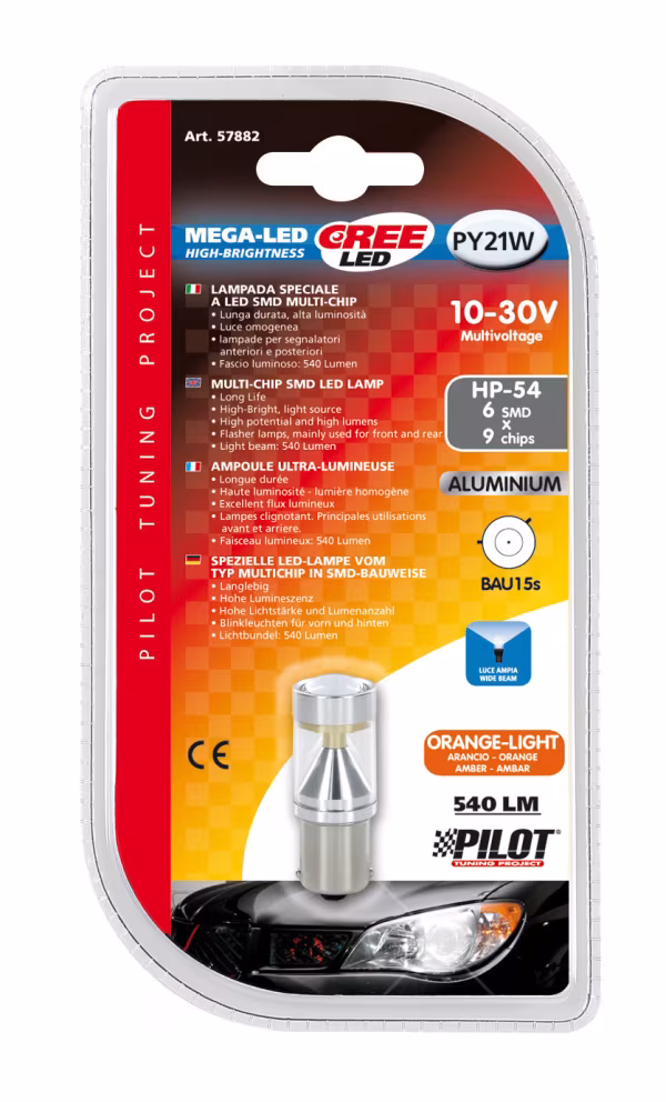 Pilot 12/24V Mega-Led 54 - 6 SMD x 9 chips - (PY21W) - BAU15s - 1 pz  - D/Blister - Arancio