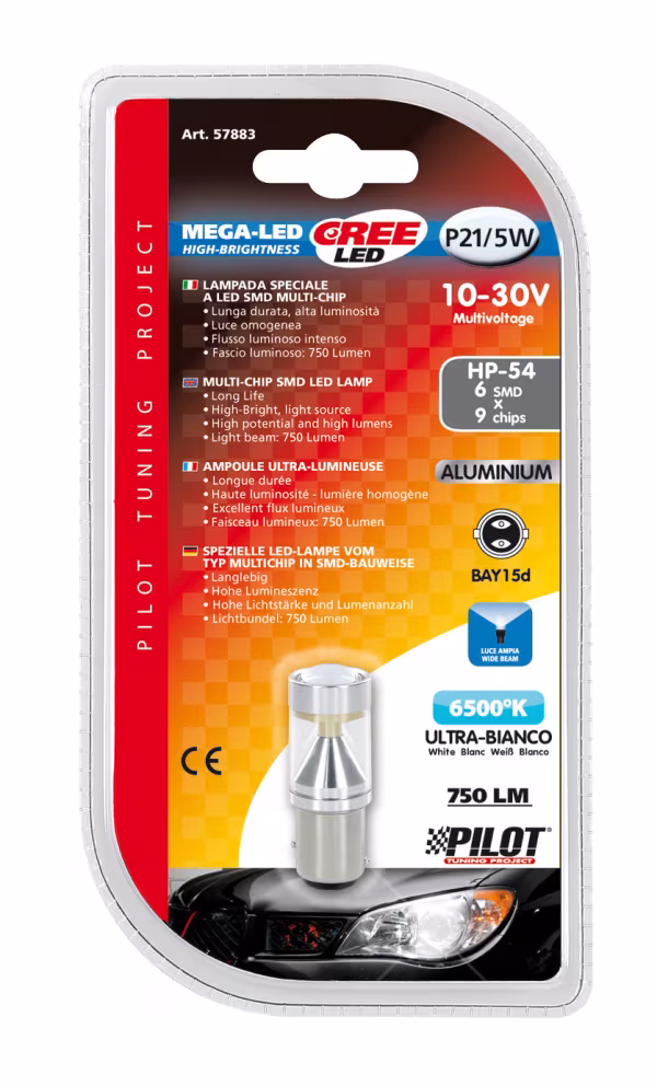 Pilot 12/24V Mega-Led 54 - 6 SMD x 9 chips - (P21/5W) - BAY15d - 1 pz  - D/Blister