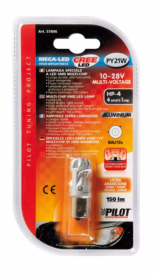 Pilot 12/24V Mega-Led HP-4 - 4 SMD x 1 chip - (PY21W) - BAU15s - 1 pz  - D/Blister - Arancio