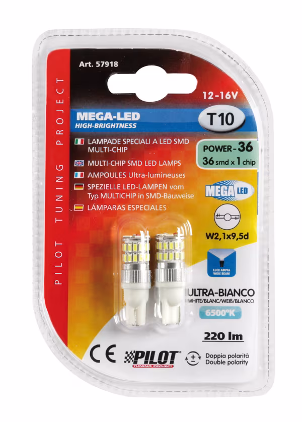 Pilot 12V Mega-Led 36 - 36 SMD x 1 chip - (T10) - W2,1x9,5d - 2 pz  - D/Blister - Bianco - Doppia polarità