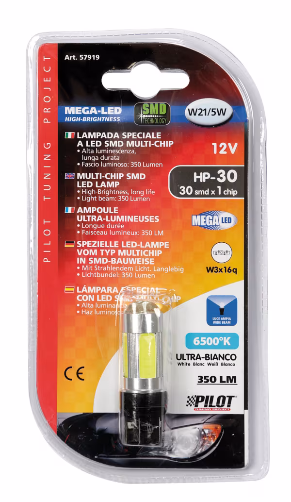 Pilot 12V Mega-Led 30 - 30 SMD x 1 chip - (W21/5W) - W3x16q - 1 pz  - D/Blister - Bianco