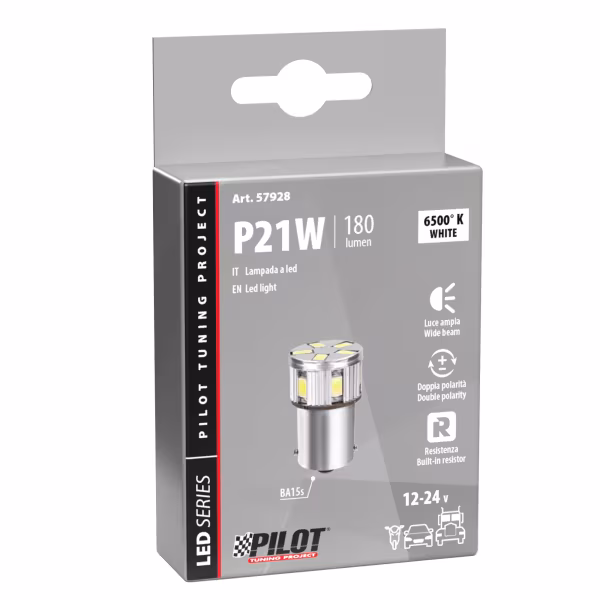 Pilot 12/24V Led Series - 11 SMD x 1 chip - (P21W) - BA15s - 1 pz  - Scatola - Bianco - Doppia polarità - Resistenza incorporata