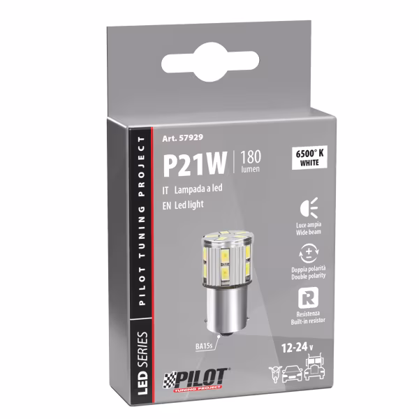Pilot 12/24V Led Series - 17 SMD x 1 chip - (P21W) - BA15s - 1 pz  - Scatola - Bianco - Doppia polarità - Resistenza incorporata