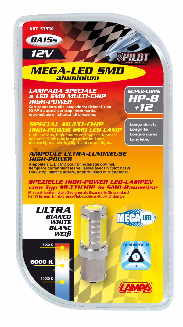 Pilot 12V Led Series - 8 super chips + 12 chips - (P21W) - Quadrifocus - BA15s - 1 pz  - D/Blister - Bianco