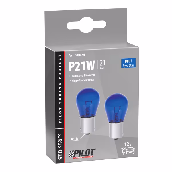 Pilot 12V Blue Dyed Glass, Lampada 1 filamento - (P21W) - 21W - BA15s - 2 pz  - Scatola - Blu