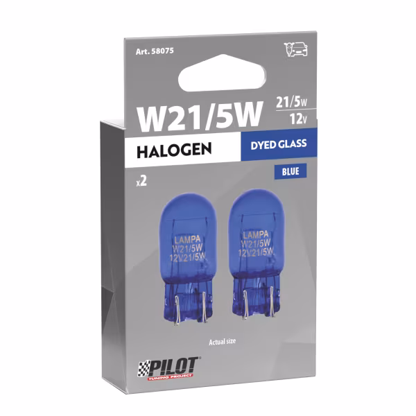 Pilot 12V Blue Dyed Glass, Lampada con zoccolo vetro 2 filamenti - (W21/5W) - 21/5W - W3x16q - 2 pz  - Scatola